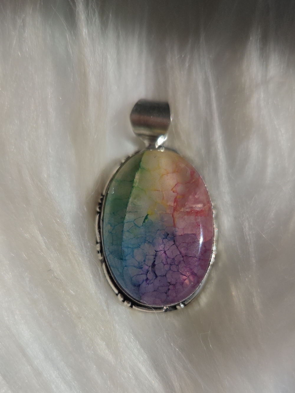 Rainbow Dragon Vein Agate Silver Plated 925 Gemstone Necklace Pendant